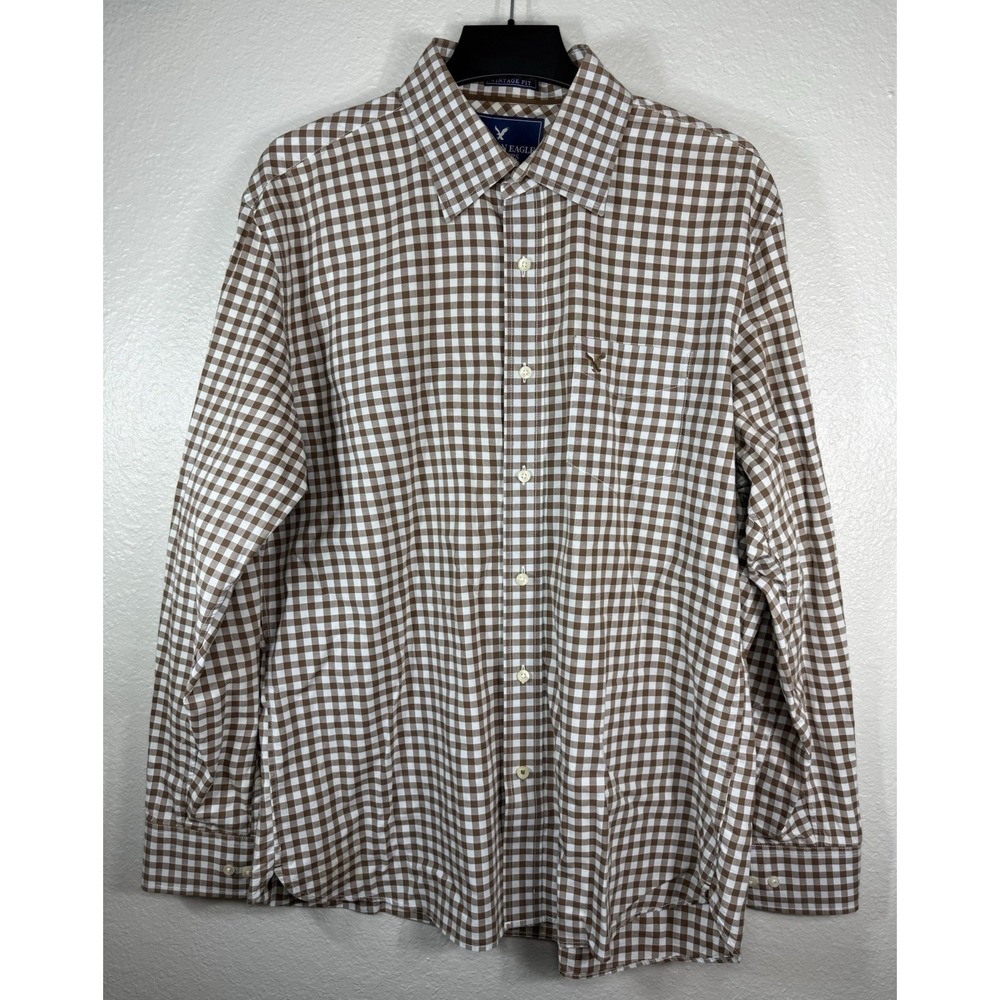 Men's American Eagle Vintage Fit Long Sleeve Button Down Shirt Plaid Brown XL